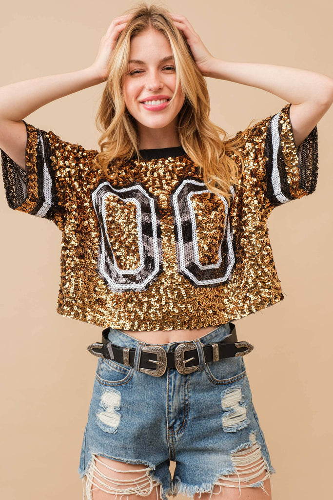 sequin game day crop jersey black and gold