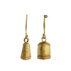 Two metal bell ornaments with antique brass finish, each with twine hanging loop, available in round and elongated styles.
