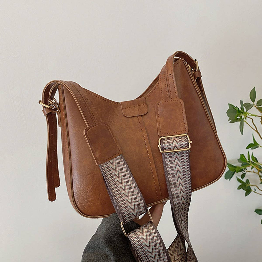 “Brown retro commuter crossbody bag with gold hardware and adjustable patterned strap, boutique women’s PU leather purse available in brown and black.”