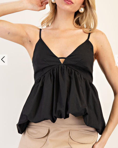 black cotton camisole with bubble hem, V-neckline, front keyhole, and adjustable straps.

