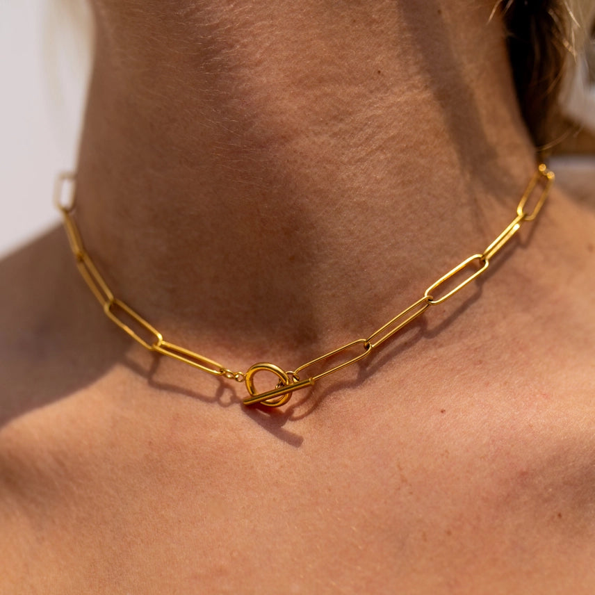 gold necklace with toggle clasp