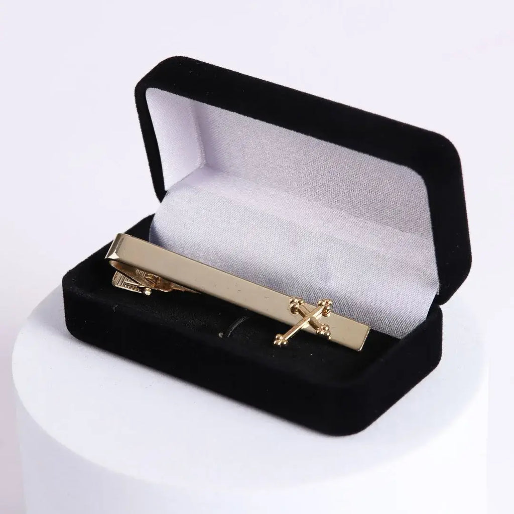 gold tie bar with cross in gift box