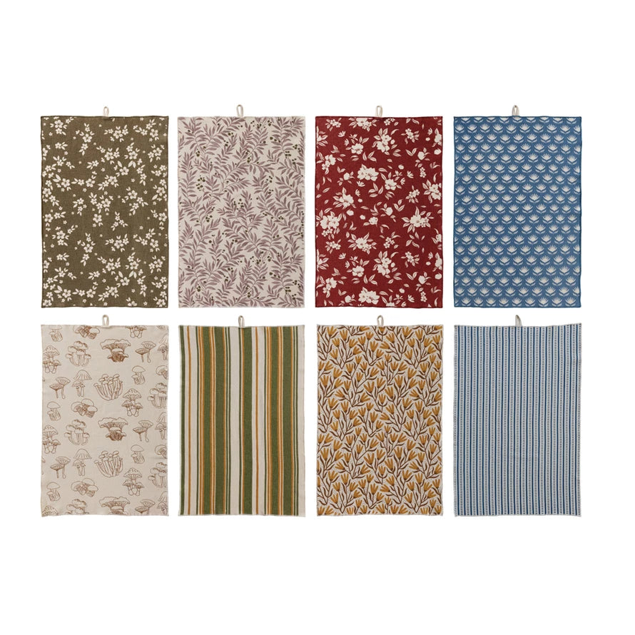Collection of 8 cotton printed terry cloth tea towel various patters and colors. 