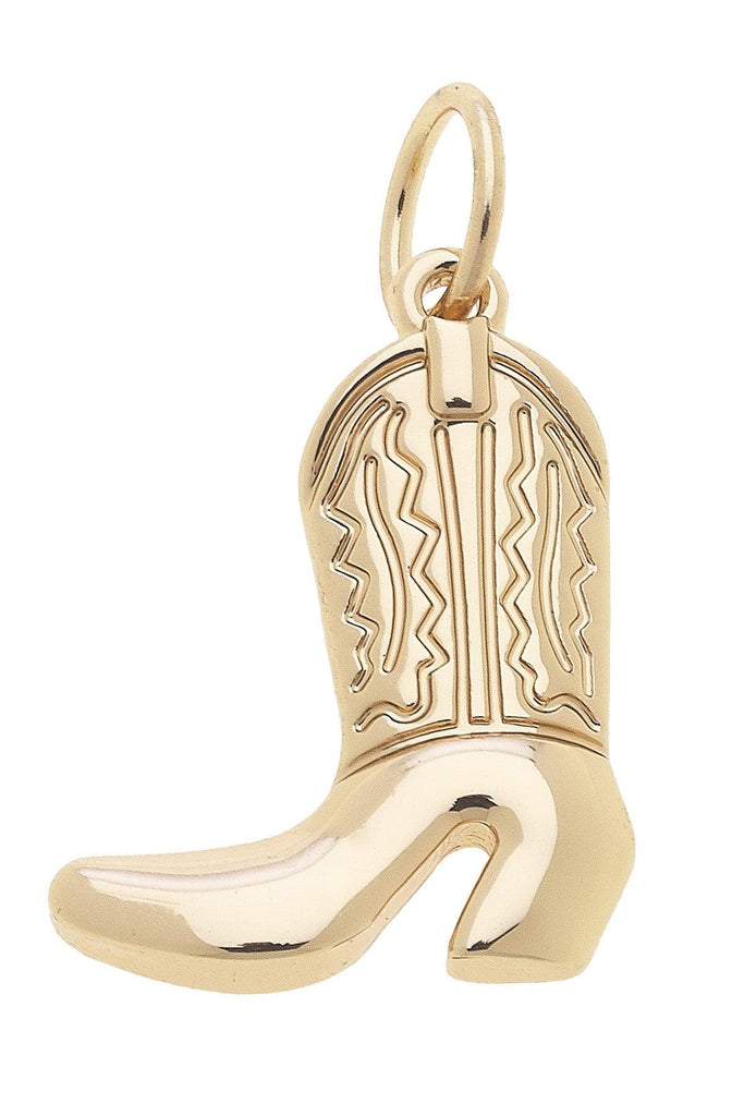 Gold cowboy boot charm on a white background