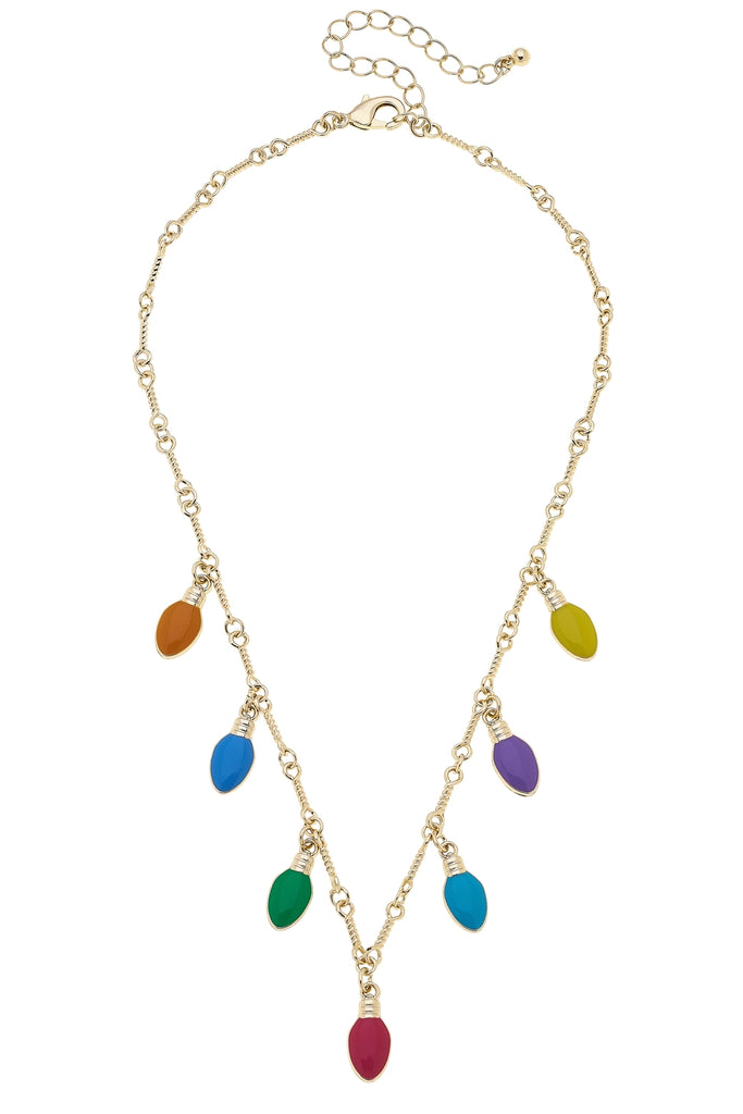 Necklace with colorful teardrop-shaped beads on a white background