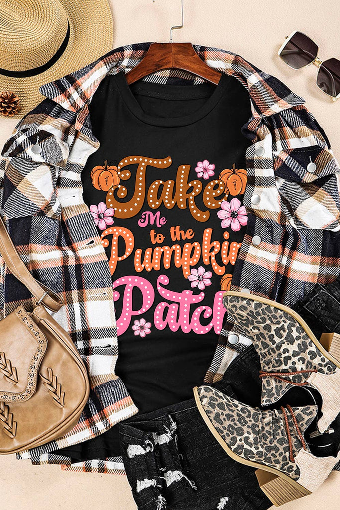 take me to the pumpkin patch black tee flat lay with flannel and boots
