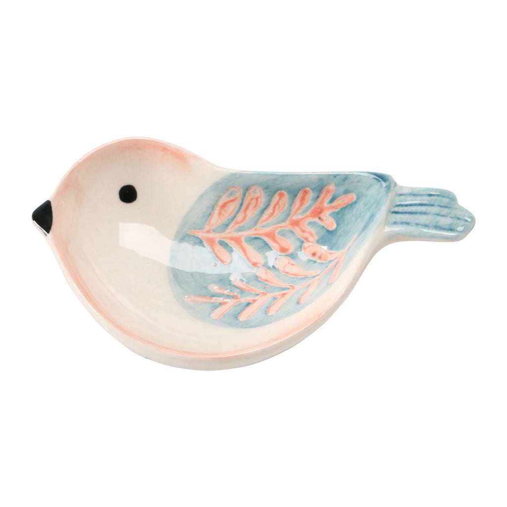 Ceramic bird-shaped dish with leaf design on a white background