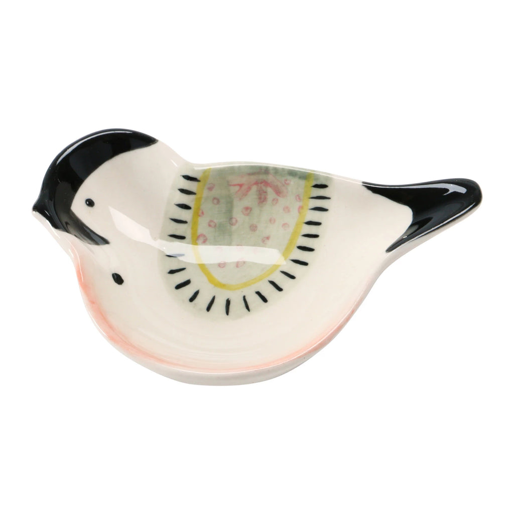 Decorative ceramic bird with a floral pattern inside on a white background