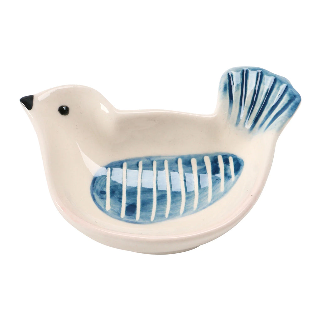 Ceramic bird-shaped dish with blue and white design on a white background