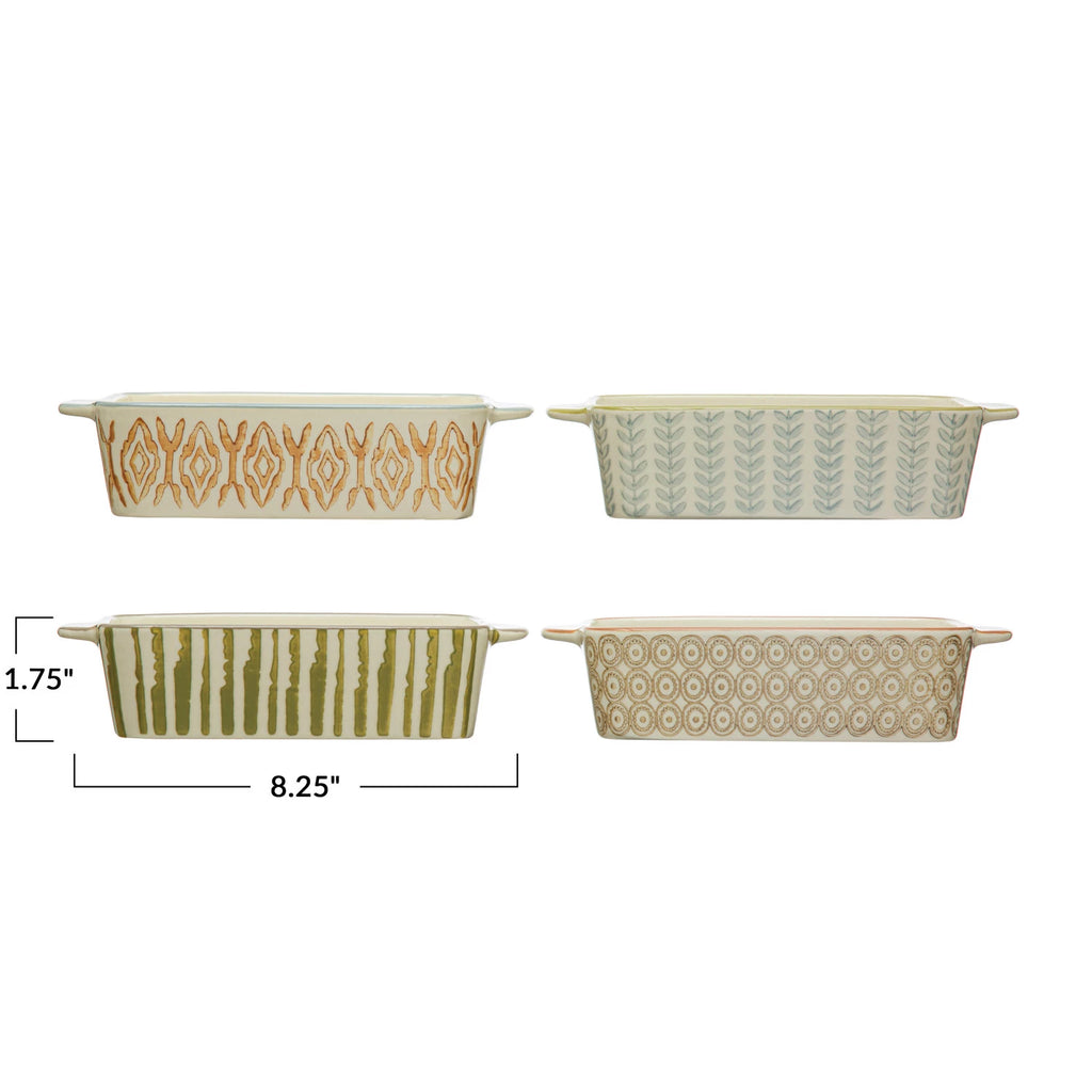 Four patterned ceramic containers with measurements on a white background