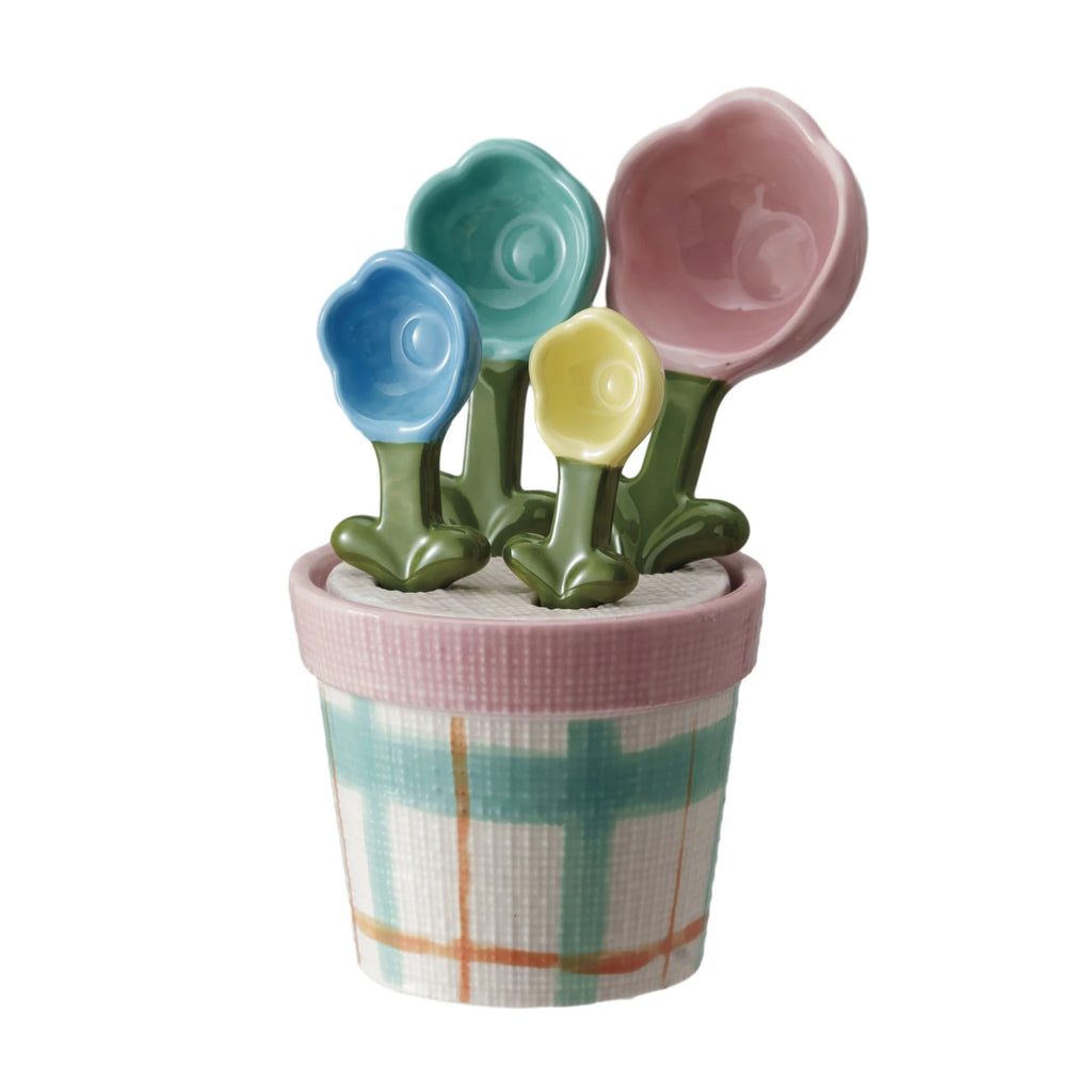 Hand-painted stoneware flower-shaped measuring spoons in pastel colors with matching plaid flowerpot holder, set of 5 for baking and décor.