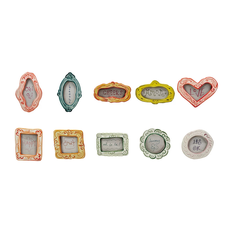 Set of 10 small hand painted stoneware mini decorative picture frames in various shapes and colors on with different sayings