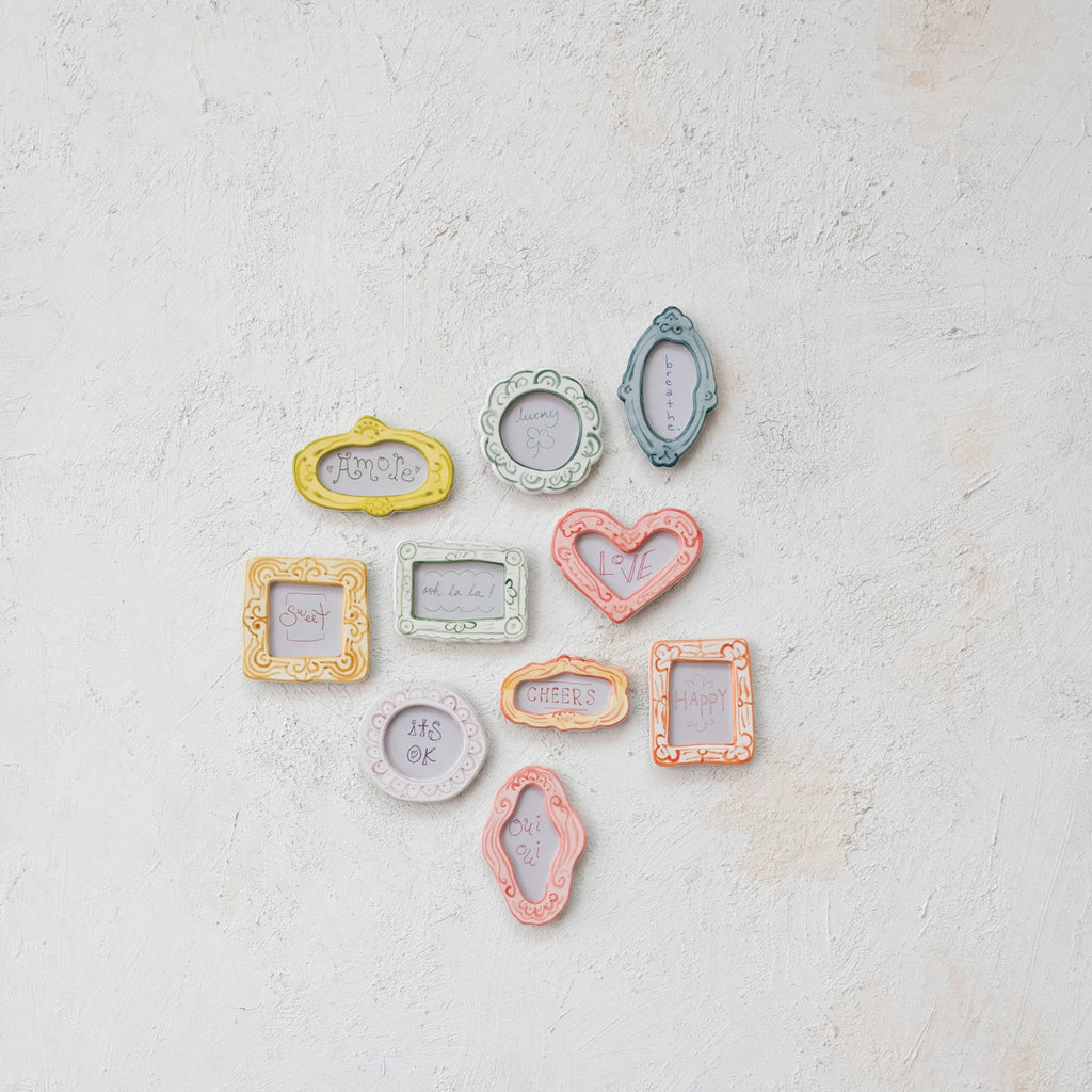 Set of 10 small hand painted stoneware mini decorative picture frames in various shapes and colors on with different sayings