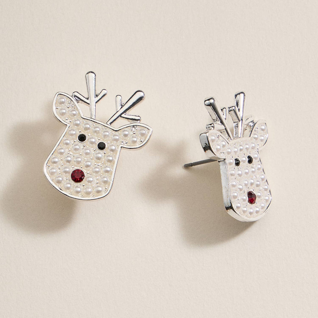 Rudolph reindeer stud earrings with pearl detailing and red rhinestone noses in gold and silver finishes.