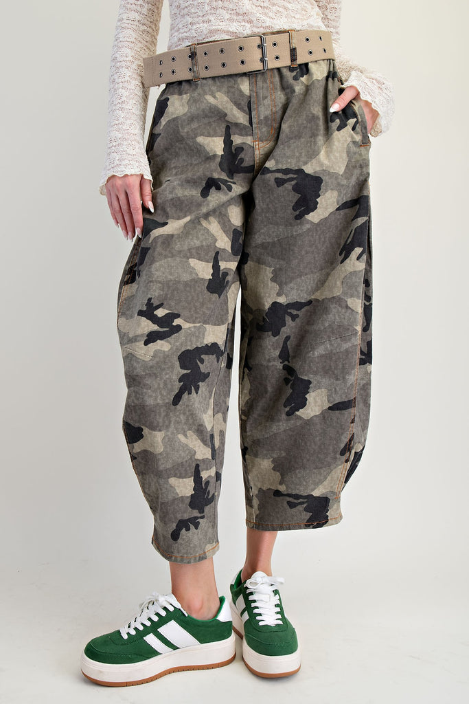 Washed camouflage barrel pants with cargo pockets, high waist, and relaxed tapered leg. easel women's boutique