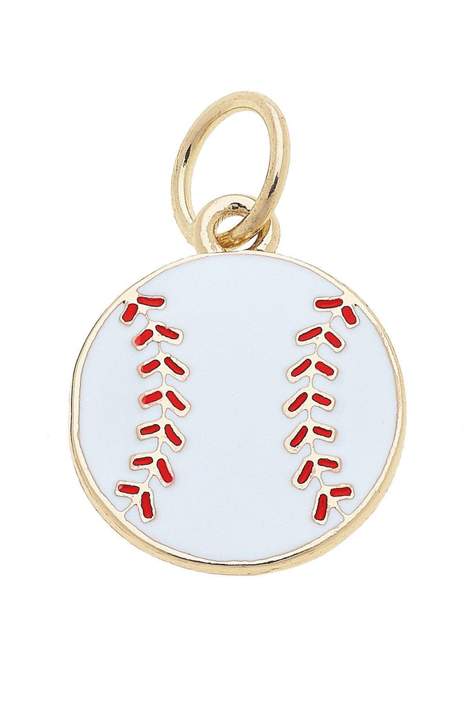 Gold pendant shaped like a baseball with red stitches on a white background