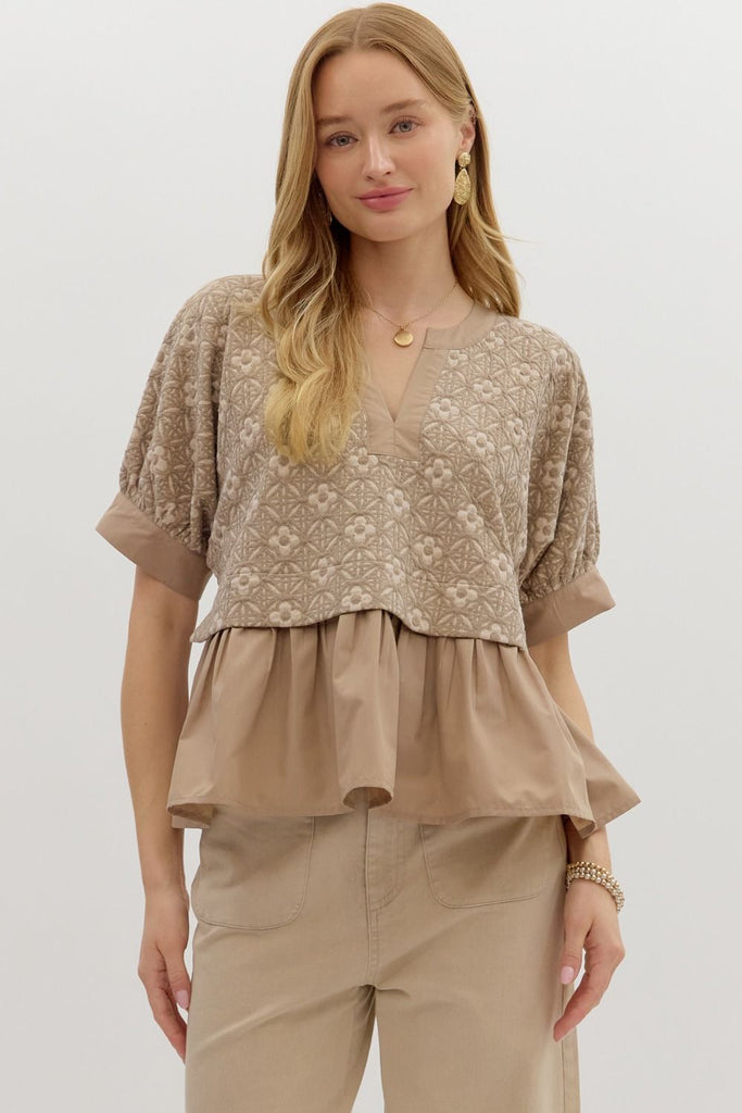 Mocha floral jacquard short sleeve pullover top with contrast ruffle hem and lightweight knit fabric, boutique women's blouse for summer fashion