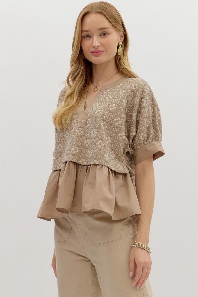 Mocha floral jacquard short sleeve pullover top with contrast ruffle hem and lightweight knit fabric, boutique women's blouse for summer fashion