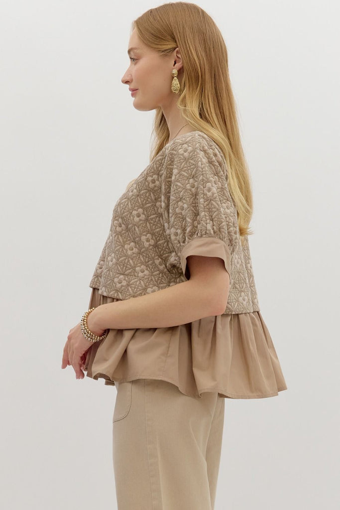 Mocha floral jacquard short sleeve pullover top with contrast ruffle hem and lightweight knit fabric, boutique women's blouse for summer fashion side
