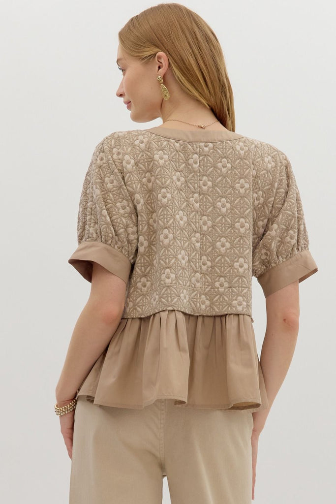Mocha floral jacquard short sleeve pullover top with contrast ruffle hem and lightweight knit fabric, boutique women's blouse for summer fashion back