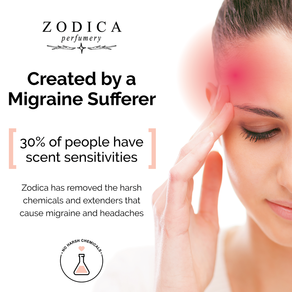 Advertisement for Zodica perfumery with a woman holding her head, indicating migraine sensitivity.