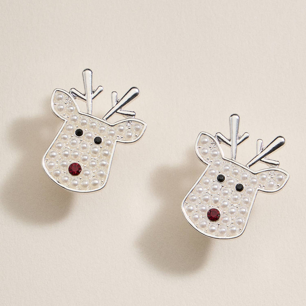 Rudolph reindeer stud earrings with pearl detailing and red rhinestone noses in gold and silver finishes.
