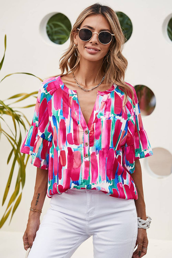 Carla - Abstract Brushwork Print Buttoned V Neck Blouse - Pink