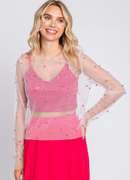mesh pearl top in pink with white boutique concert