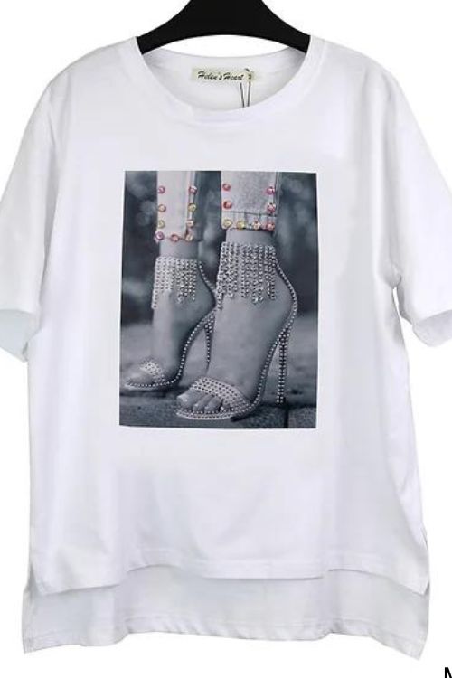 crystal appliqued upscaled women graphic tee with high heel