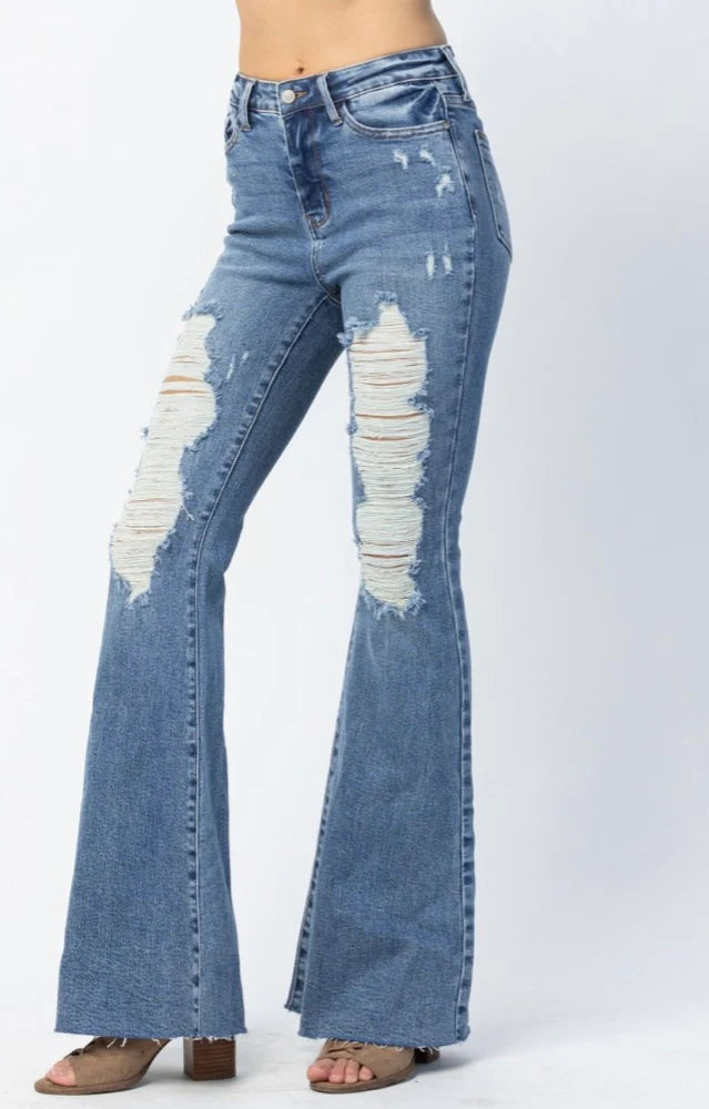 side view Judy blue boutique denim jeans for women flare