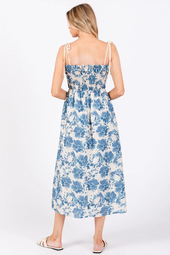 back of blue floral midi dress for women