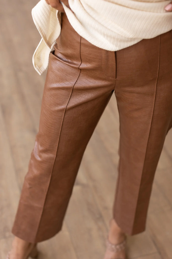 front view of brown leather pants for women