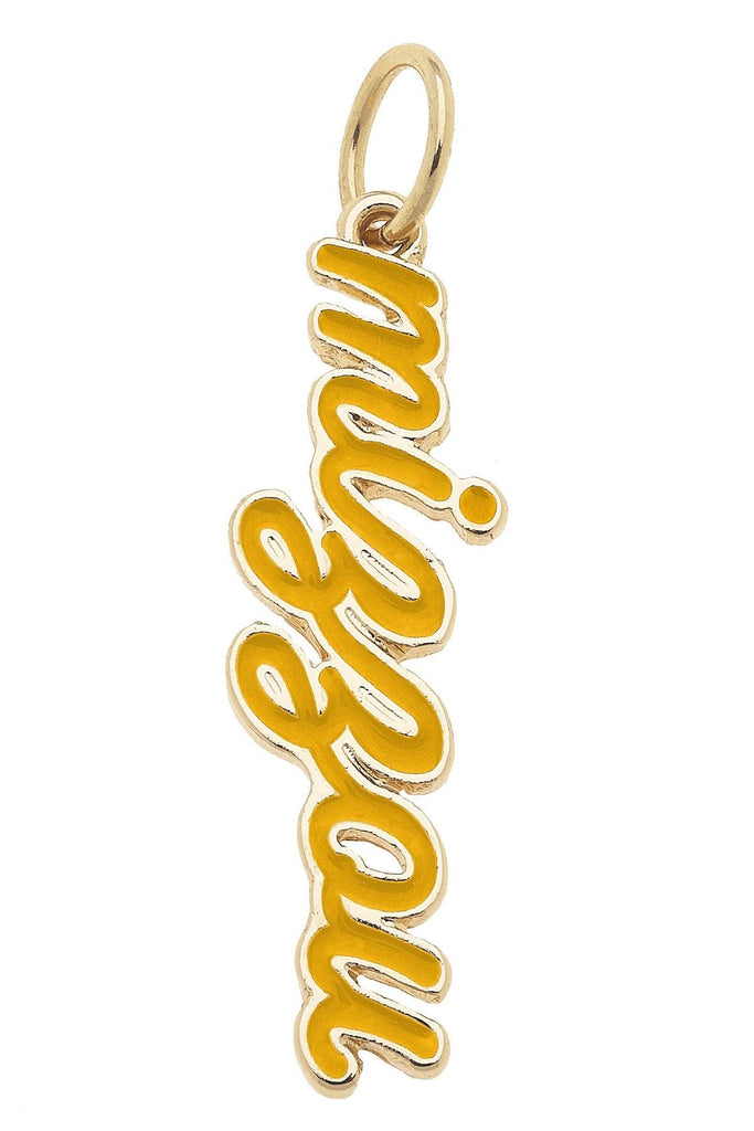 Gold pendant with 'miguel' engraved on a white background