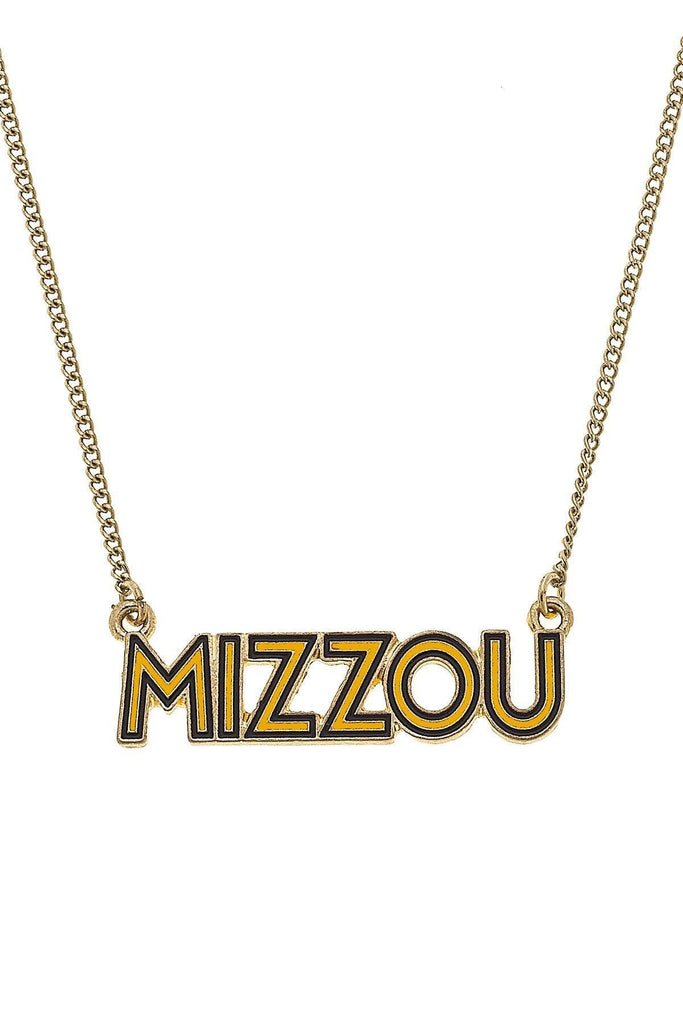 Necklace with 'MIZZOU' pendant on a white background