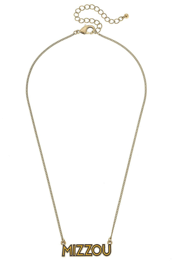 Gold necklace with 'MIZZOU' pendant on a white background