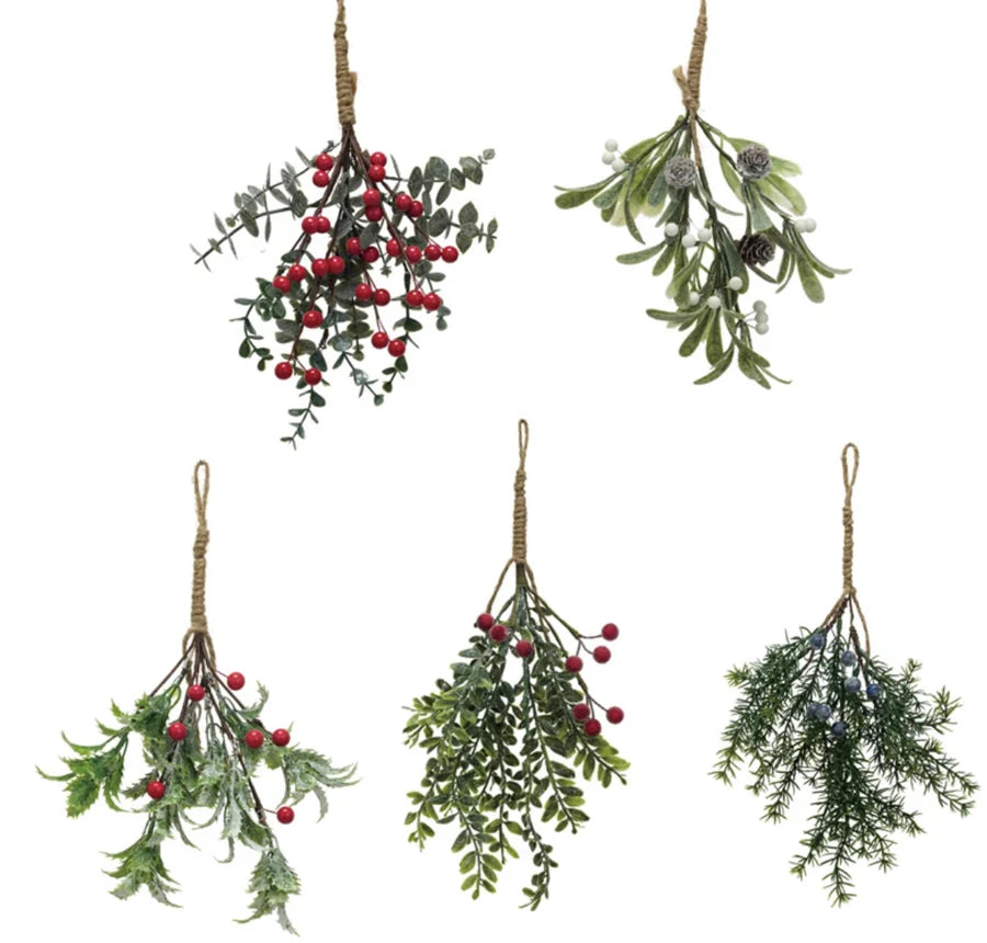 Five faux evergreen and berry bunches with snow/ice finish in assorted styles, each with hanging loop, displayed individually.