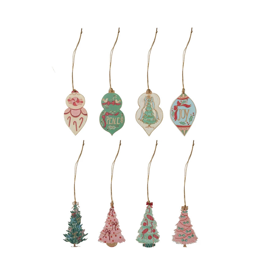 Set of 8 printed paper Christmas tree gift tags in pastel holiday designs with gold hanging strings, boxed for gifting or décor.