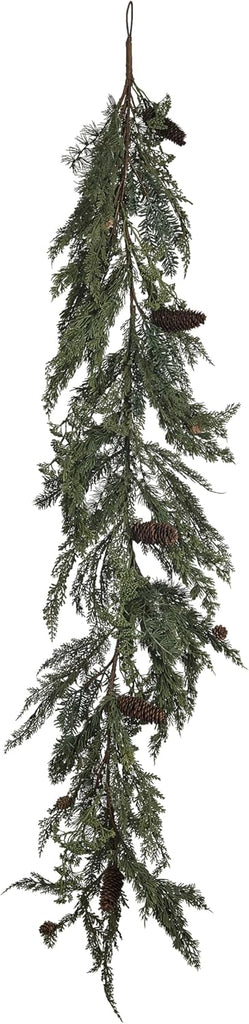72-inch faux spruce and pine garland with realistic greenery and natural pinecones, rustic woodland holiday decoration.