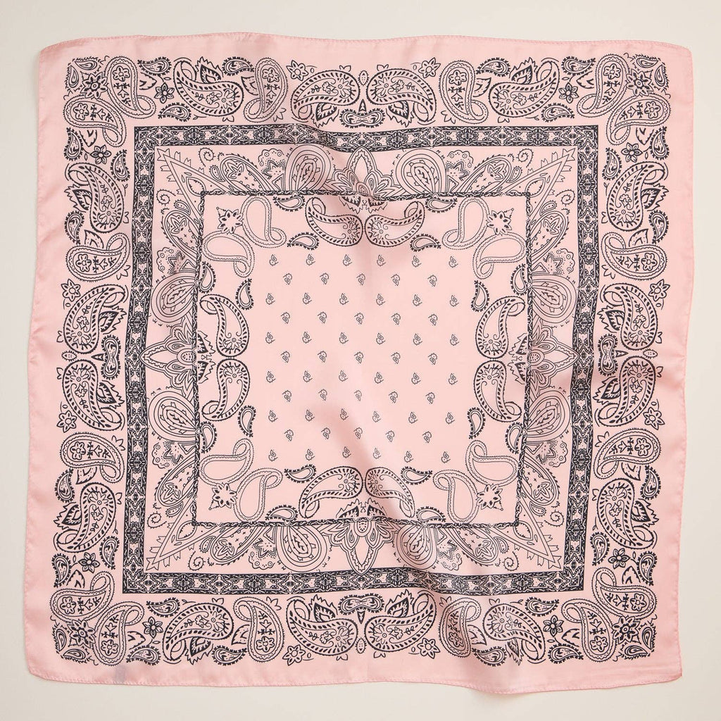 Pink silky paisley-print square bandana scarf.
