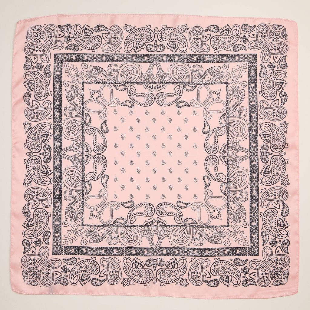 Pink silky paisley-print square bandana scarf.