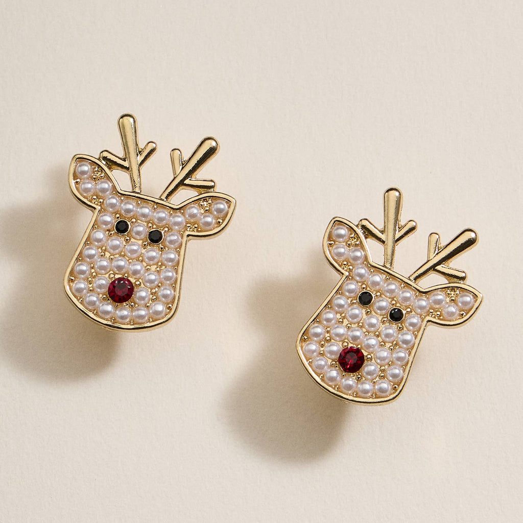 Rudolph reindeer stud earrings with pearl detailing and red rhinestone noses in gold and silver finishes.