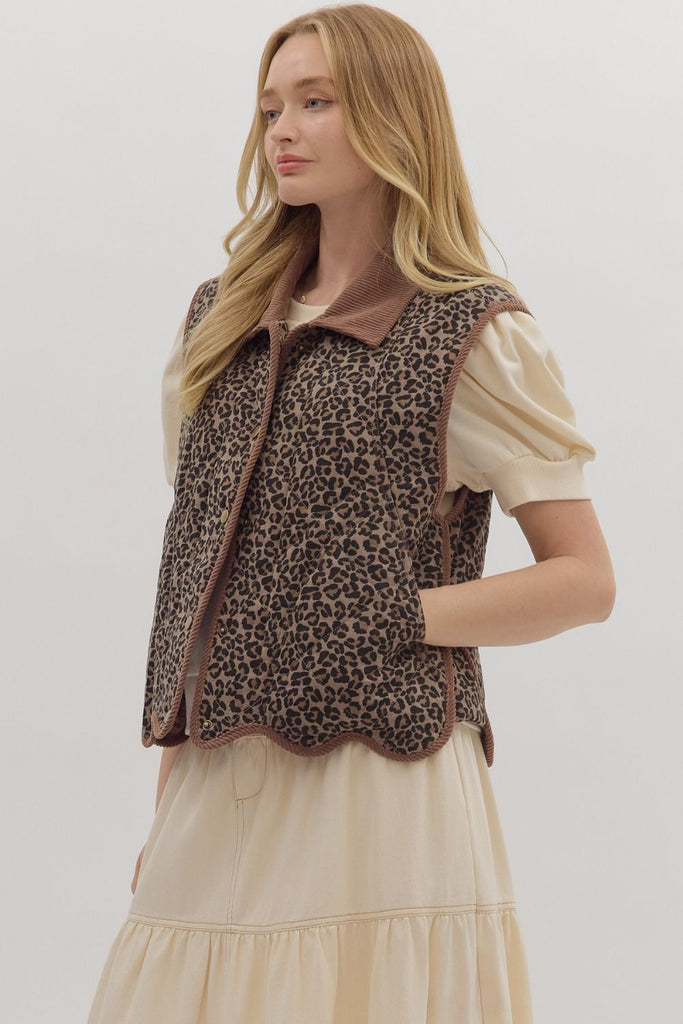 animal print vest with brown lining