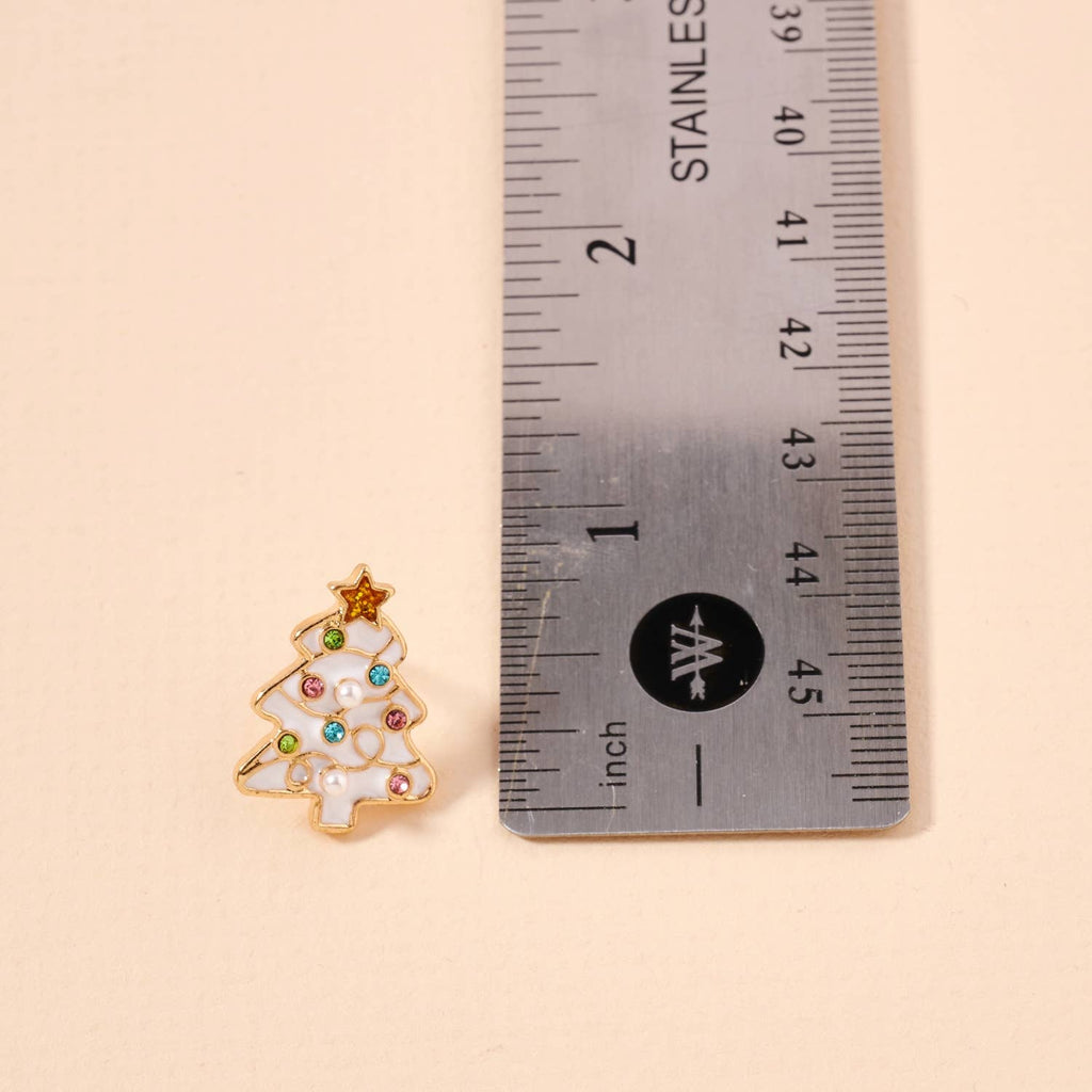 Pink enamel Christmas tree stud earrings with rhinestones, pearls, and gold star toppers.