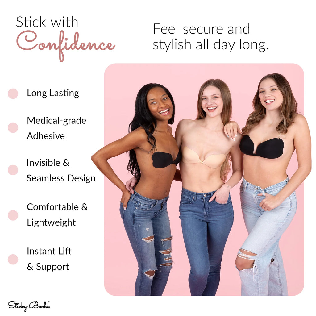 Three women wearing adhesive straps with text highlighting product features on a pink background.