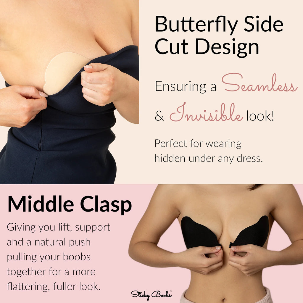 Product advertisement for a butterfly side cut design with middle clasp, highlighting its features and benefits.