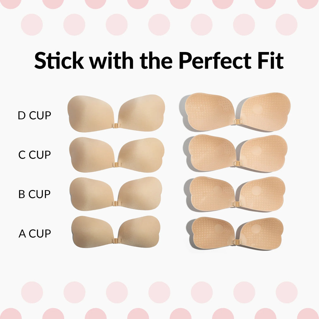Set of beige strapless bras with cup size labels on a polka dot background