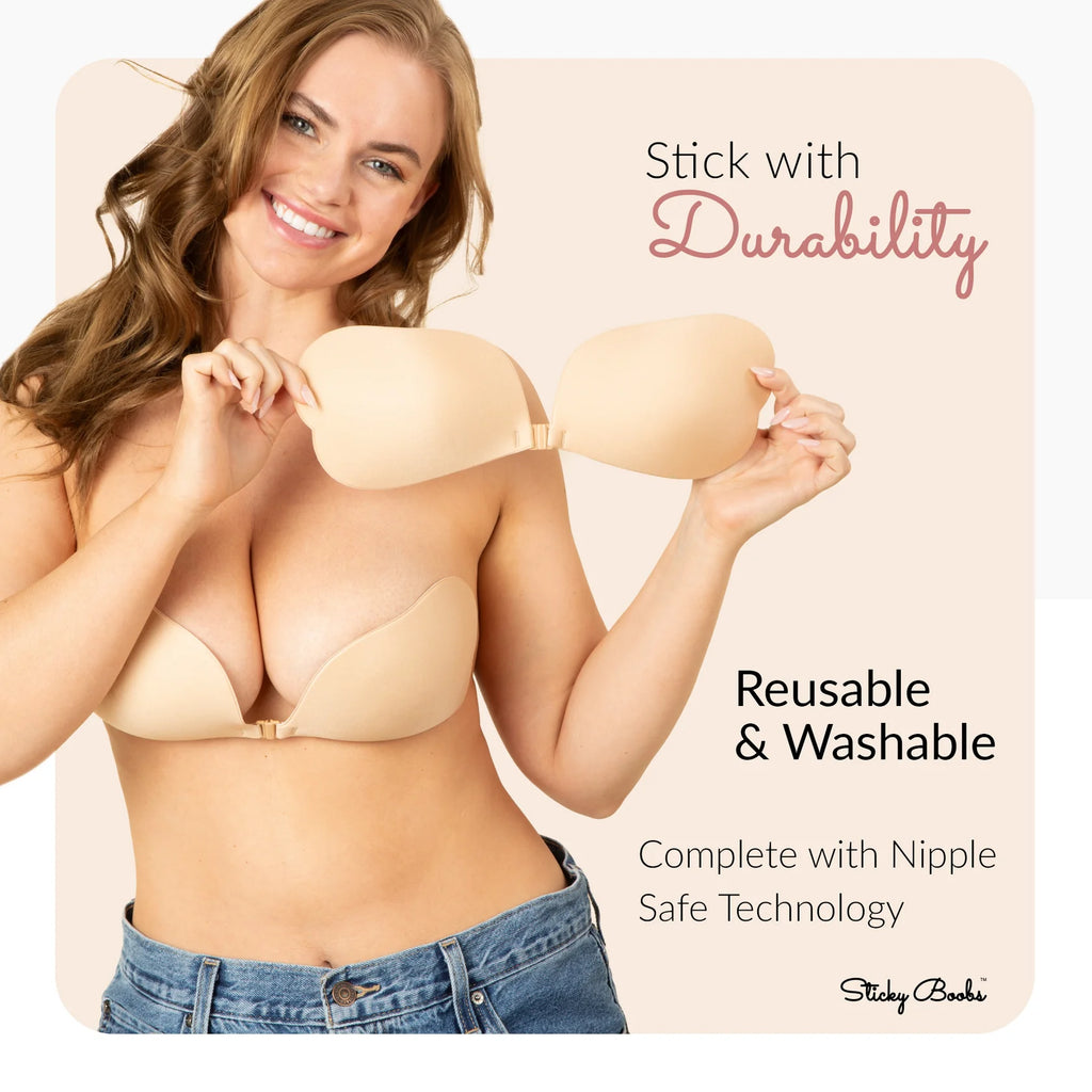 Woman wearing a beige sticky bra with promotional text on a light pink background
