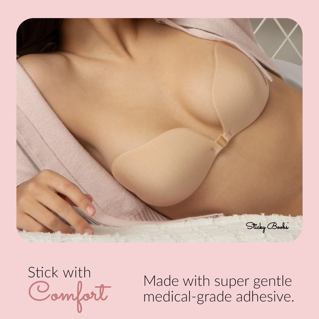 Beige adhesive bra worn by a person on a pink background with text about comfort and adhesive quality.