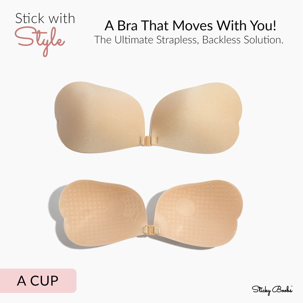 Beige strapless bra with text highlighting its features on a white background