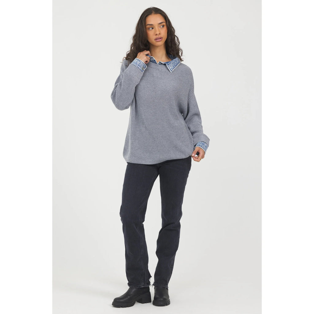 "Vintage Havana oversized ribbed sweater in heathered blue-gray featuring a relaxed fit with statement denim collar and cuffs for a chic, elevated casual style."